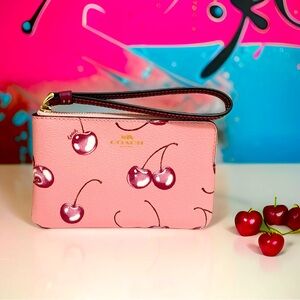 New Coach Corner Zip Wristlet With Cherry Print